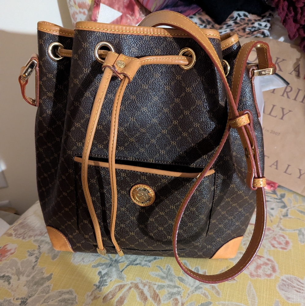 Brown and Tan bag with Drawstring Closure and Adjustable Straps